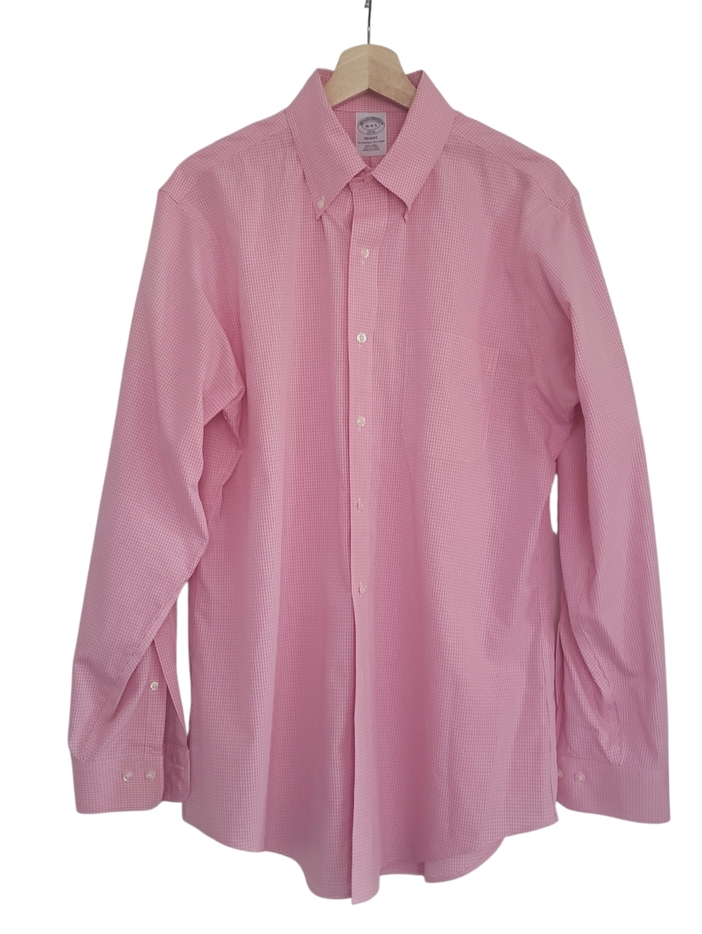 Brooks Brothers Dress Shirt 1818 Regent Fit Non Iron Pink White Gingham 16 4/5